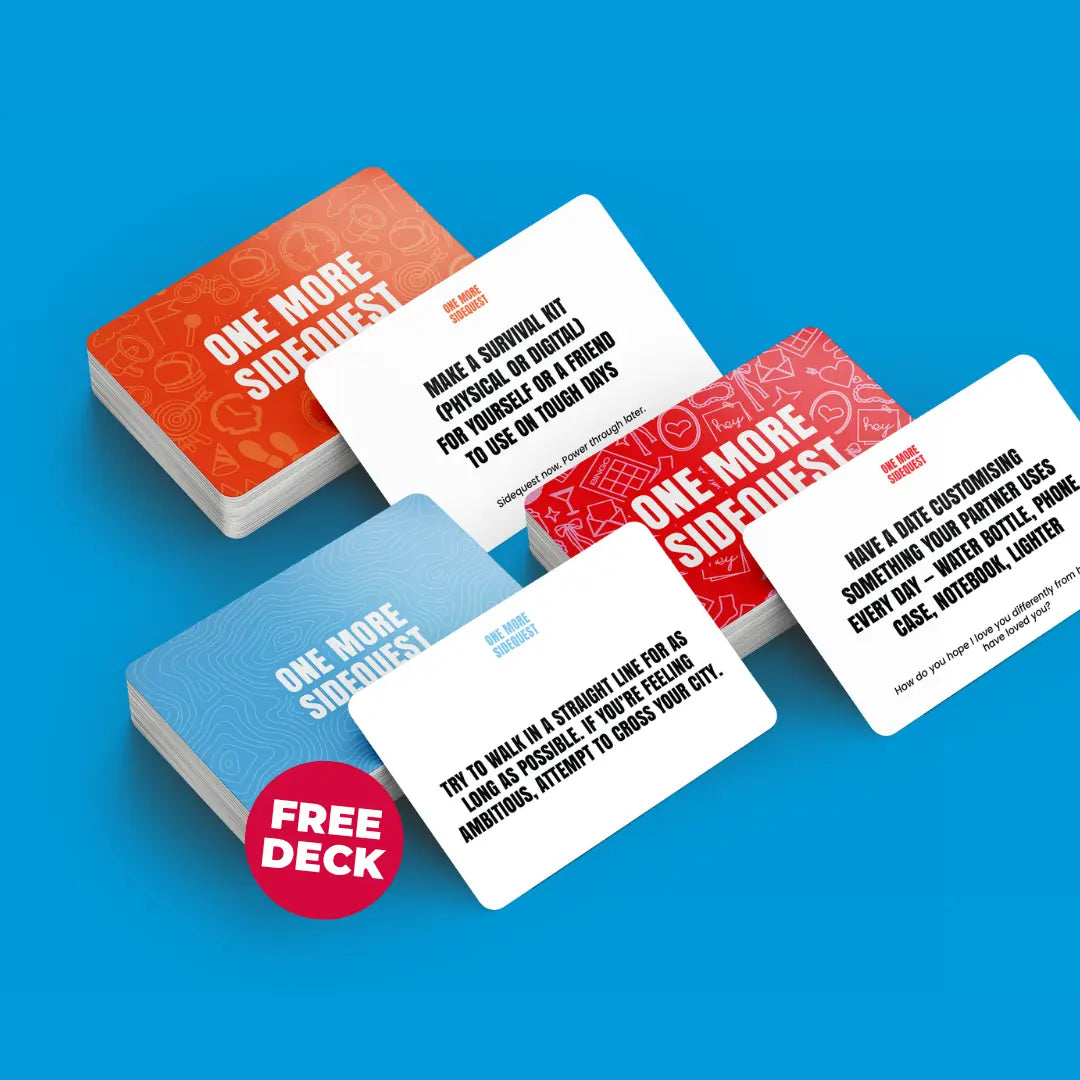 One More Sidequest Main Character Bundle card decks with real-life challenge cards designed to break routine