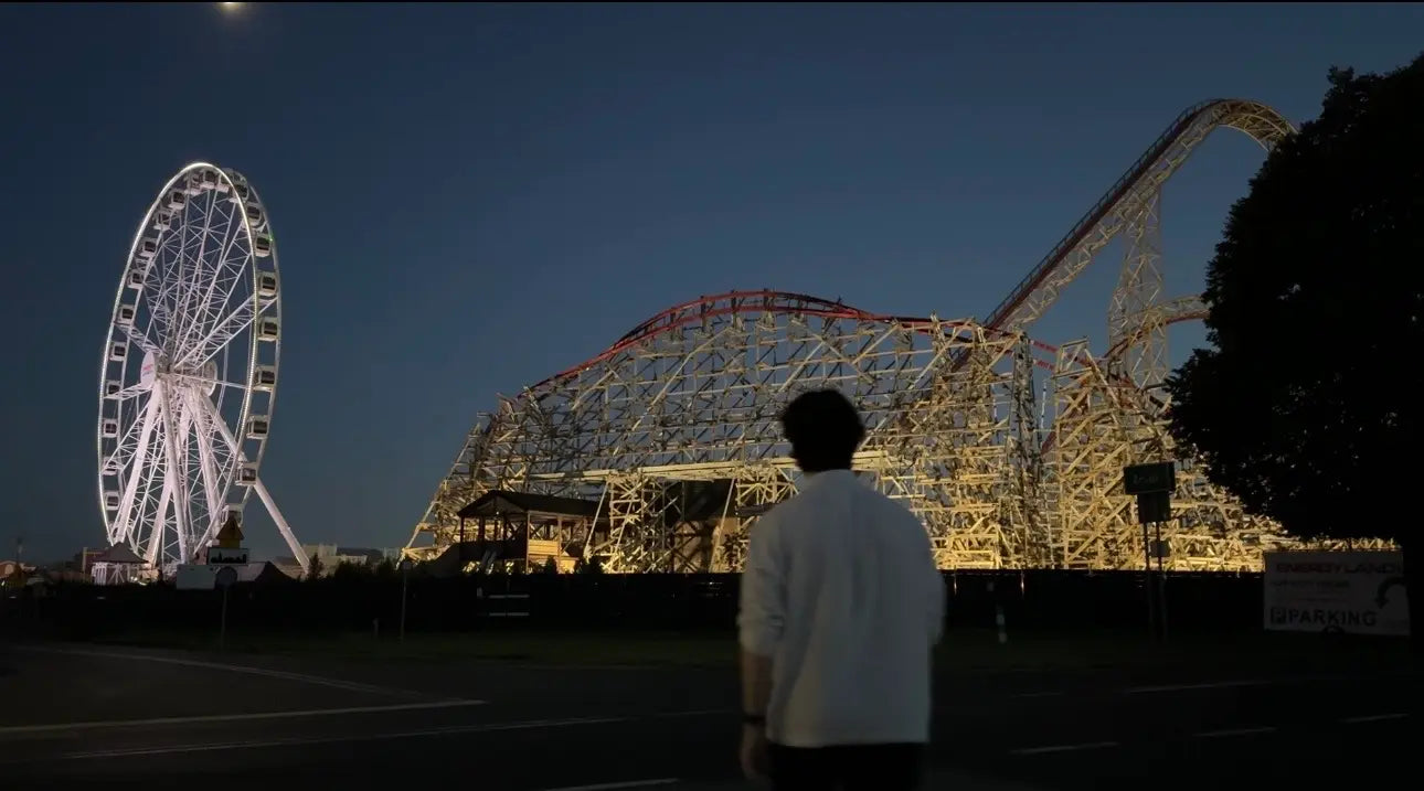 Person standing in front of a roller coaster and Ferris wheel at night.